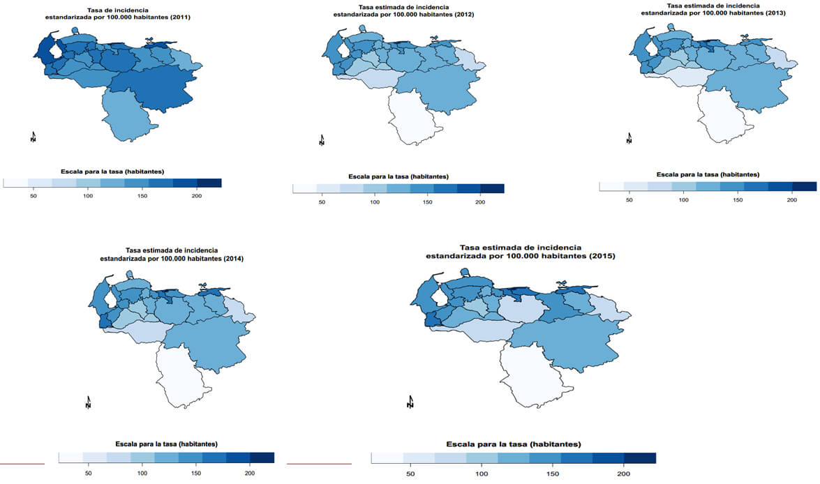 Total incidencia estandarizada por 100.000 habitantes 2011, 2012, 2013, 2014 y 2015